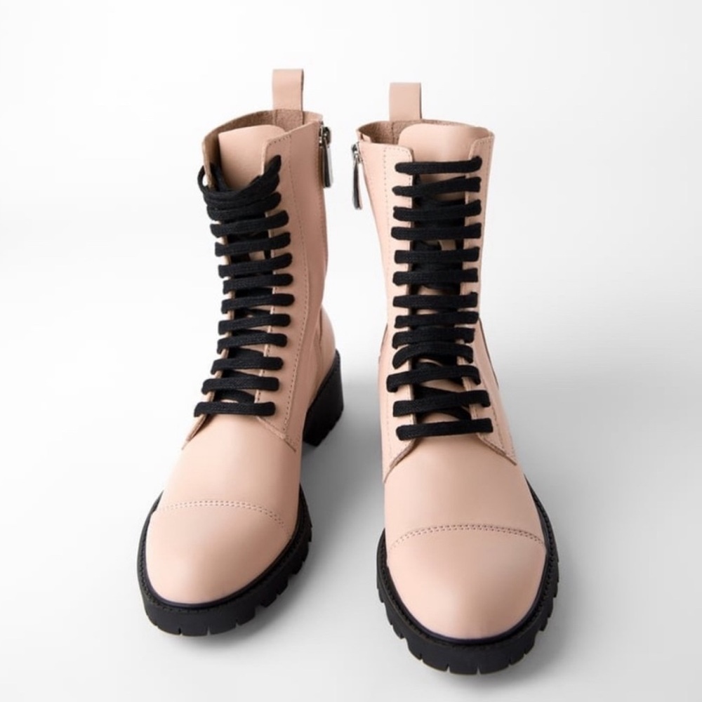 ZARA BLOGGERS FAV 100% LEATHER LACE UP PINK ANKLE BOOTS BRAND NEW WITH TAGS